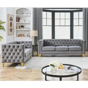 Velvet Living Room Sofa Set of 2, Comfy Loveseat and 3 Seater Couch, Modern Sofa with Tufted Back Upholstered Long Couch