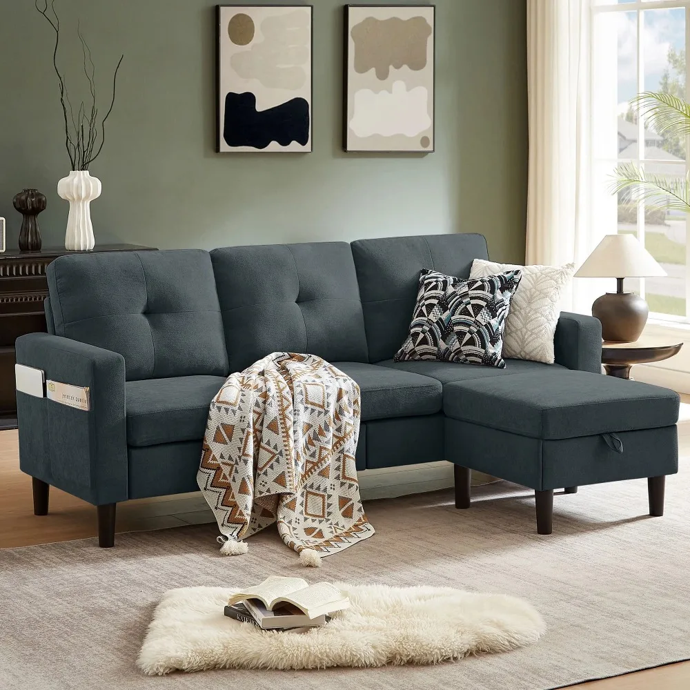 79" Convertible Sectional Sofa, Small L Shaped 3 Seat Couch with Storage Chaise Modern Linen Fabric Sofa Couches for Living Room